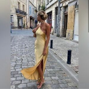 Commense One-Shoulder Satin Slip Dress in Pale Yellow